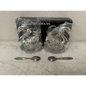 The Swans Crystal Silverplate Salt Pepper Cellars w/ Spoons Godinger Silver NIB